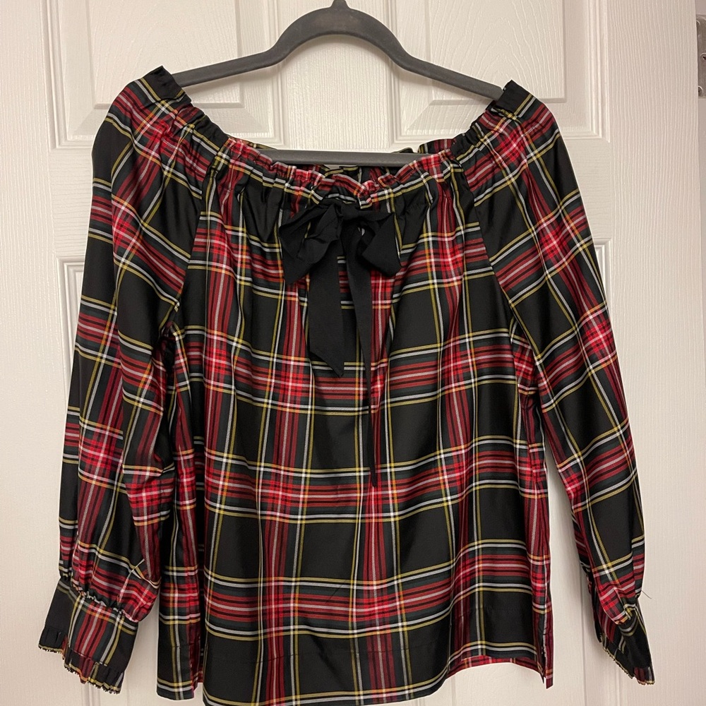 J. Crew Stewart Tartan Plaid Off-Shoulder Blouse with Black Bow